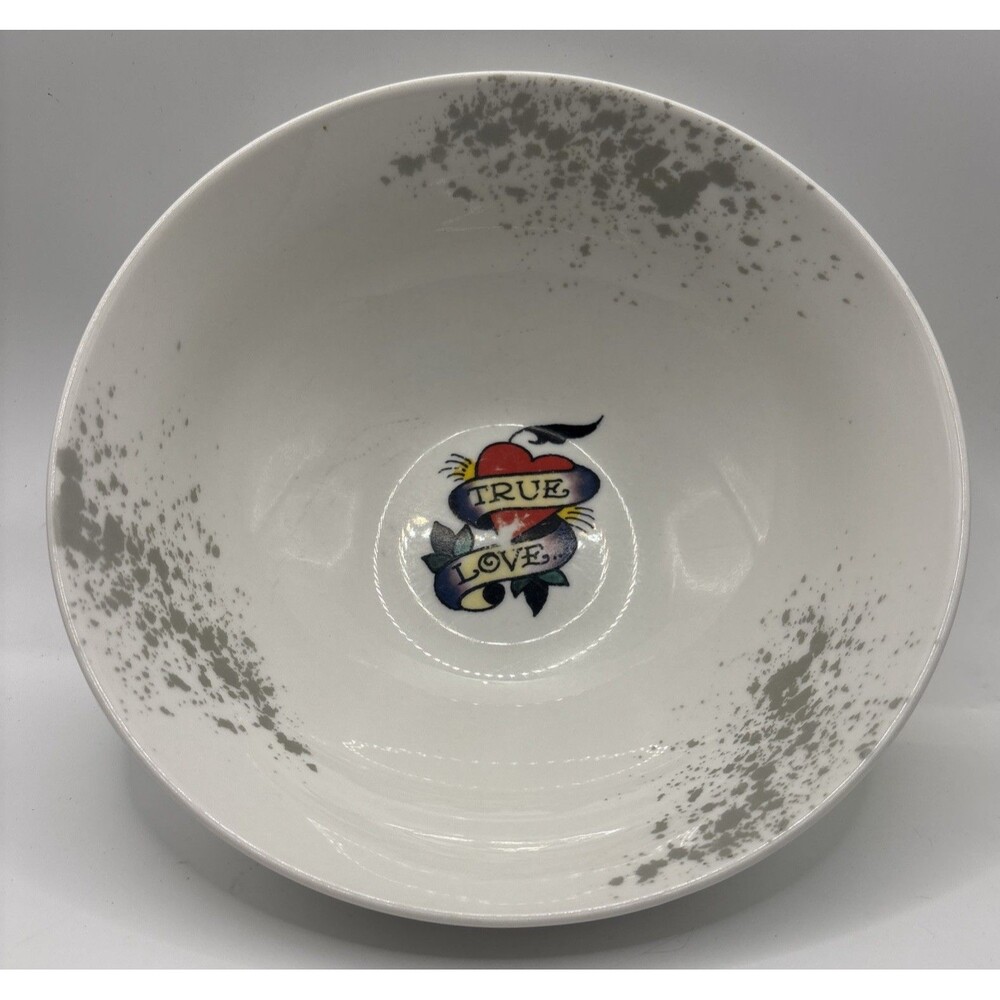 Ed Hardy True Love Tattoo Style Ceramic Bowl Gray Splatter Pasta Soup Dish